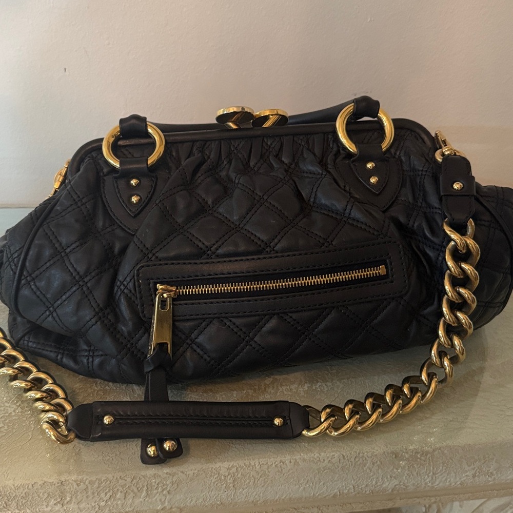 Marc Jacobs Stam Black Leather Bag with Gold Zipper and chain